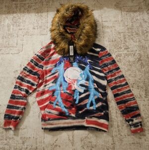 Rockstar Striped Red and Blue Hoodie with Fur Hood M